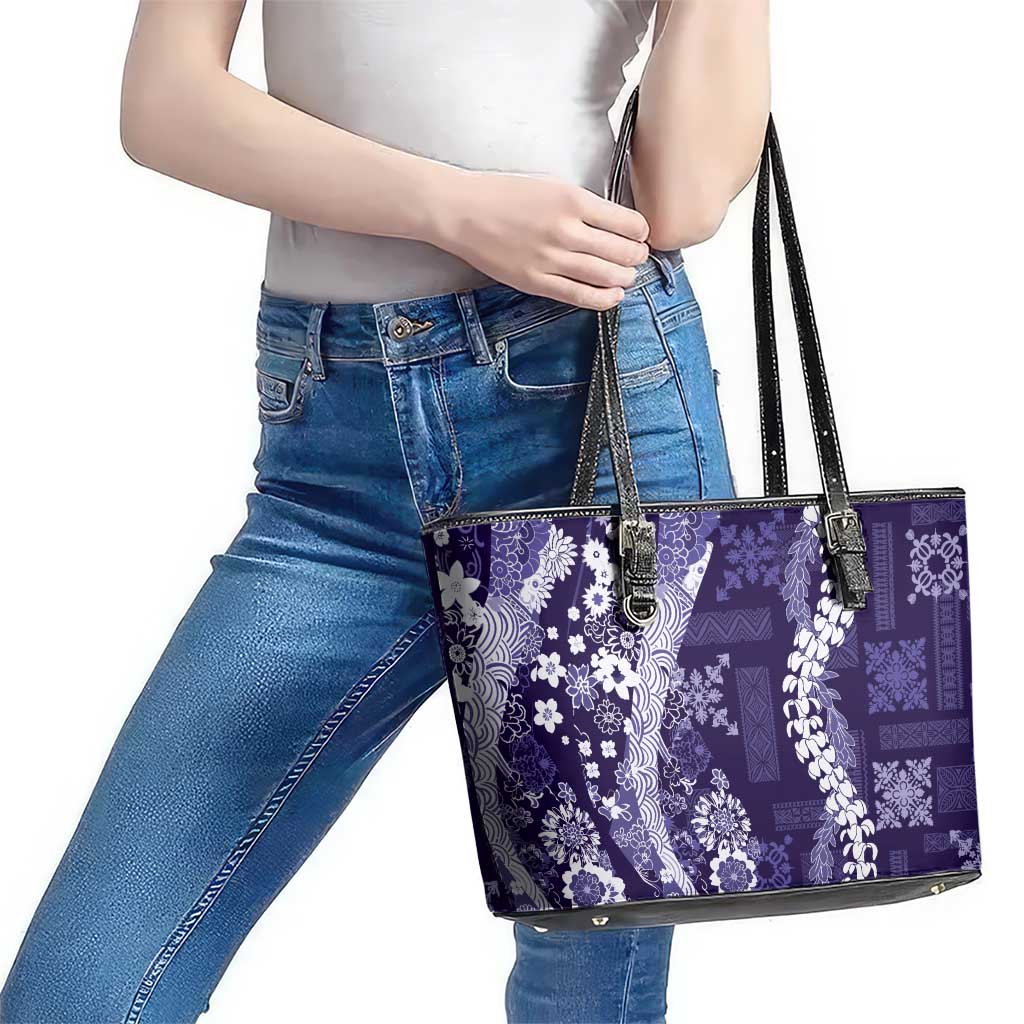 Hawaii Puakenikeni and Maile Lei Leather Tote Bag Purple Japanese Wave Style LT9 - Polynesian Pride