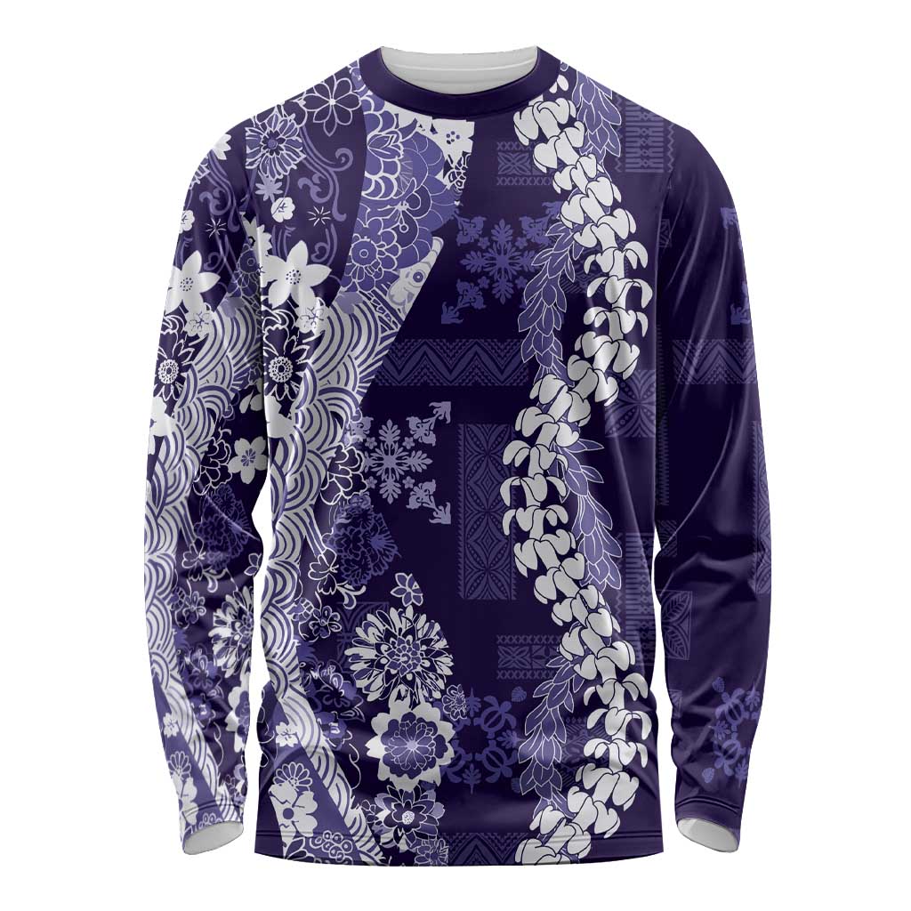 Hawaii Puakenikeni and Maile Lei Long Sleeve Shirt Purple Japanese Wave Style LT9 Unisex Purple - Polynesian Pride