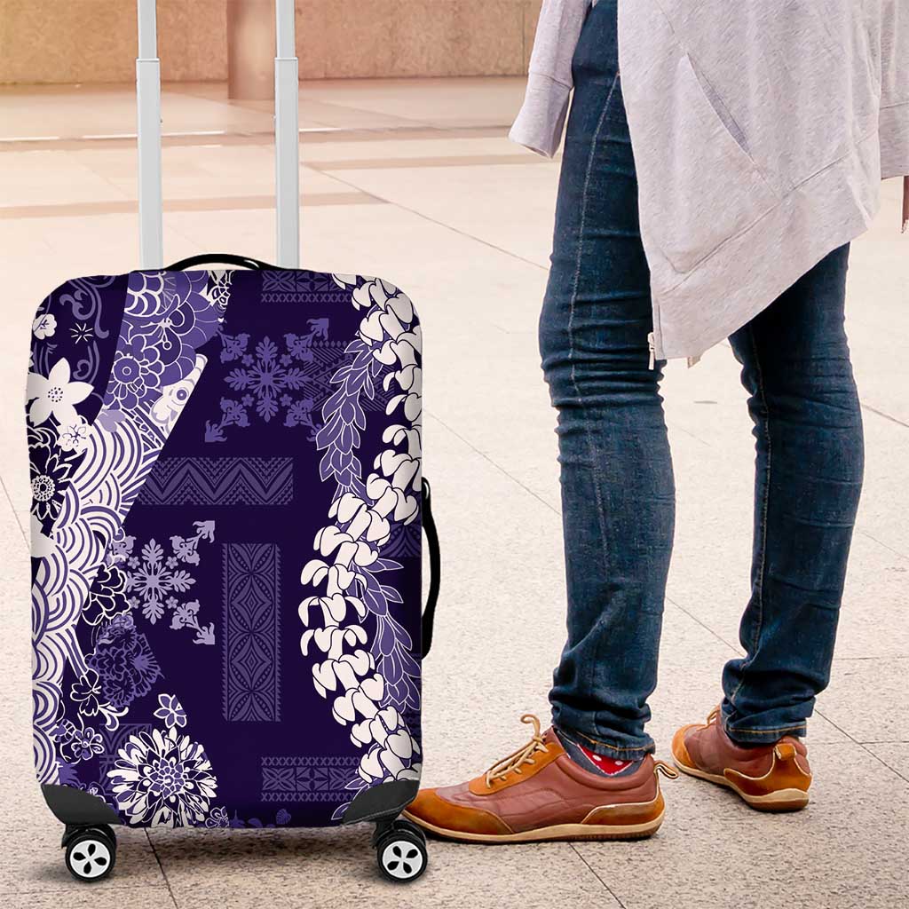 Hawaii Puakenikeni and Maile Lei Luggage Cover Purple Japanese Wave Style - Polynesian Pride