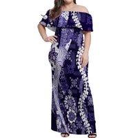 Hawaii Puakenikeni and Maile Lei Off Shoulder Maxi Dress Purple Japanese Wave Style - Polynesian Pride