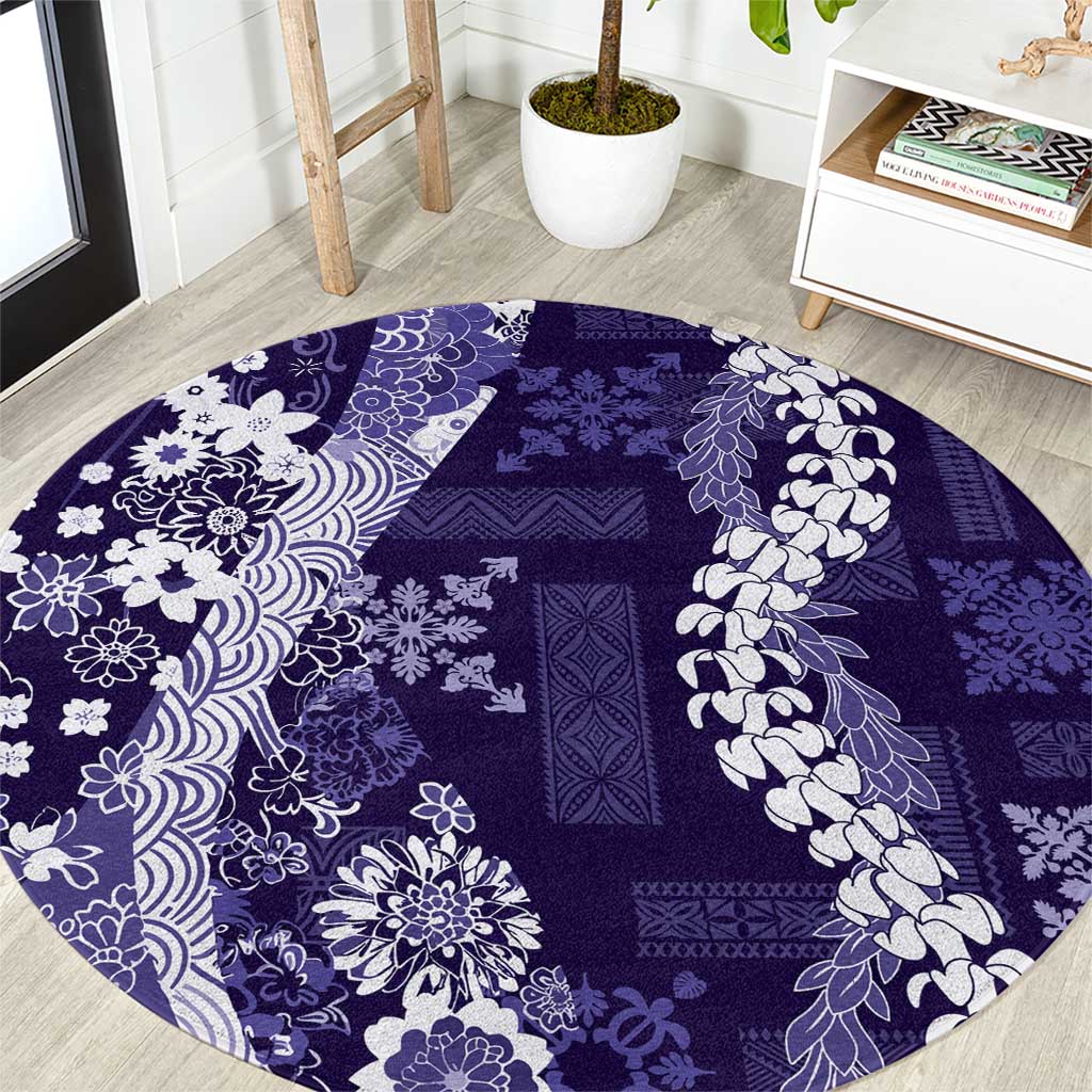 Hawaii Puakenikeni and Maile Lei Round Carpet Purple Japanese Wave Style LT9 Purple - Polynesian Pride