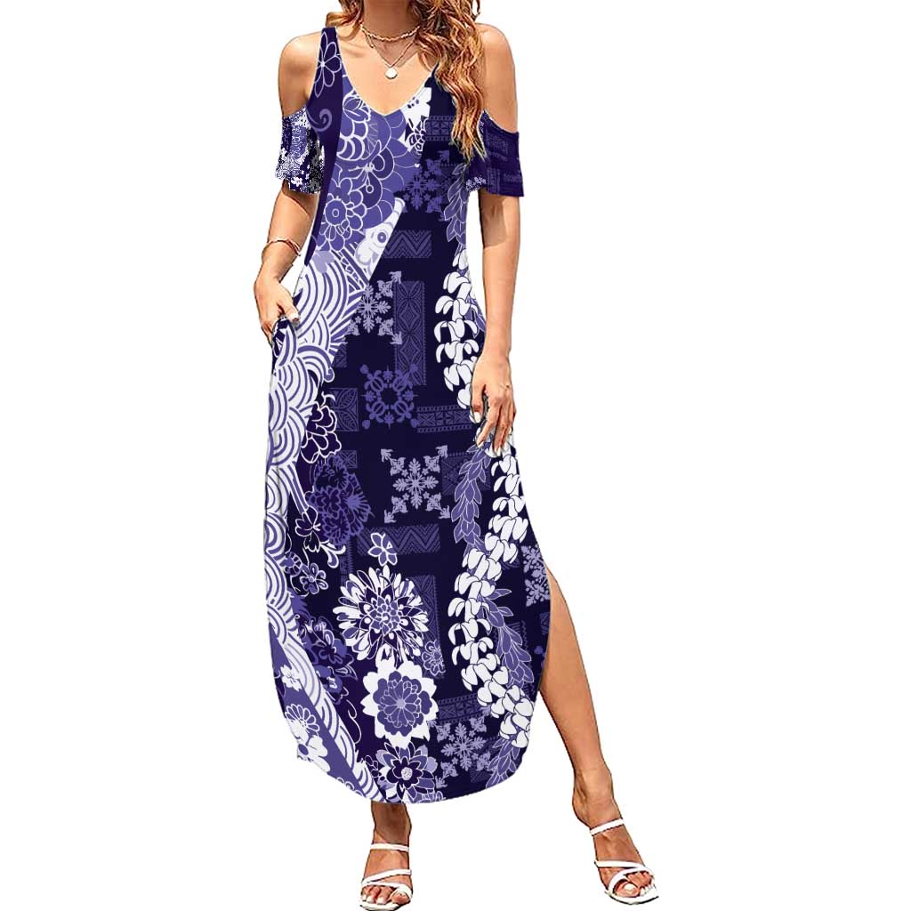 Hawaii Puakenikeni and Maile Lei Summer Maxi Dress Purple Japanese Wave Style - Polynesian Pride