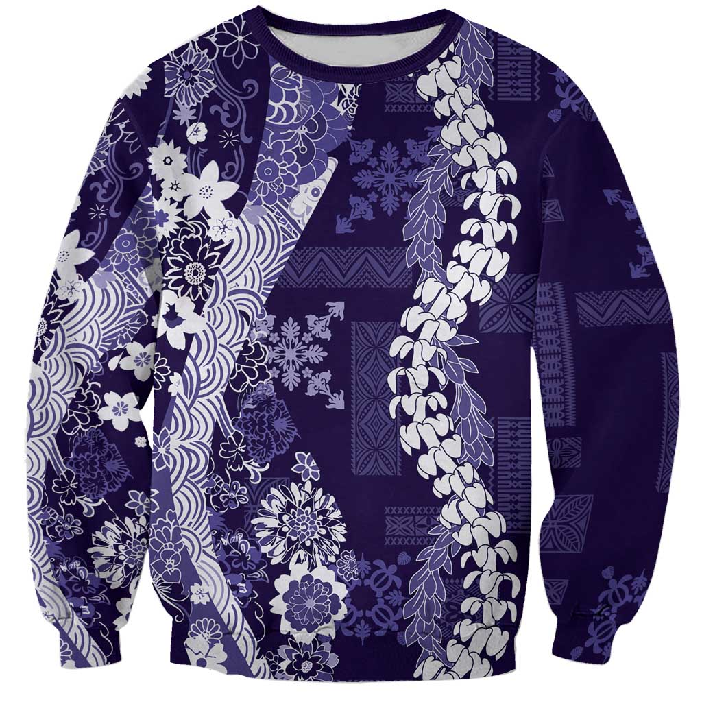 Hawaii Puakenikeni and Maile Lei Sweatshirt Purple Japanese Wave Style LT9 Unisex Purple - Polynesian Pride