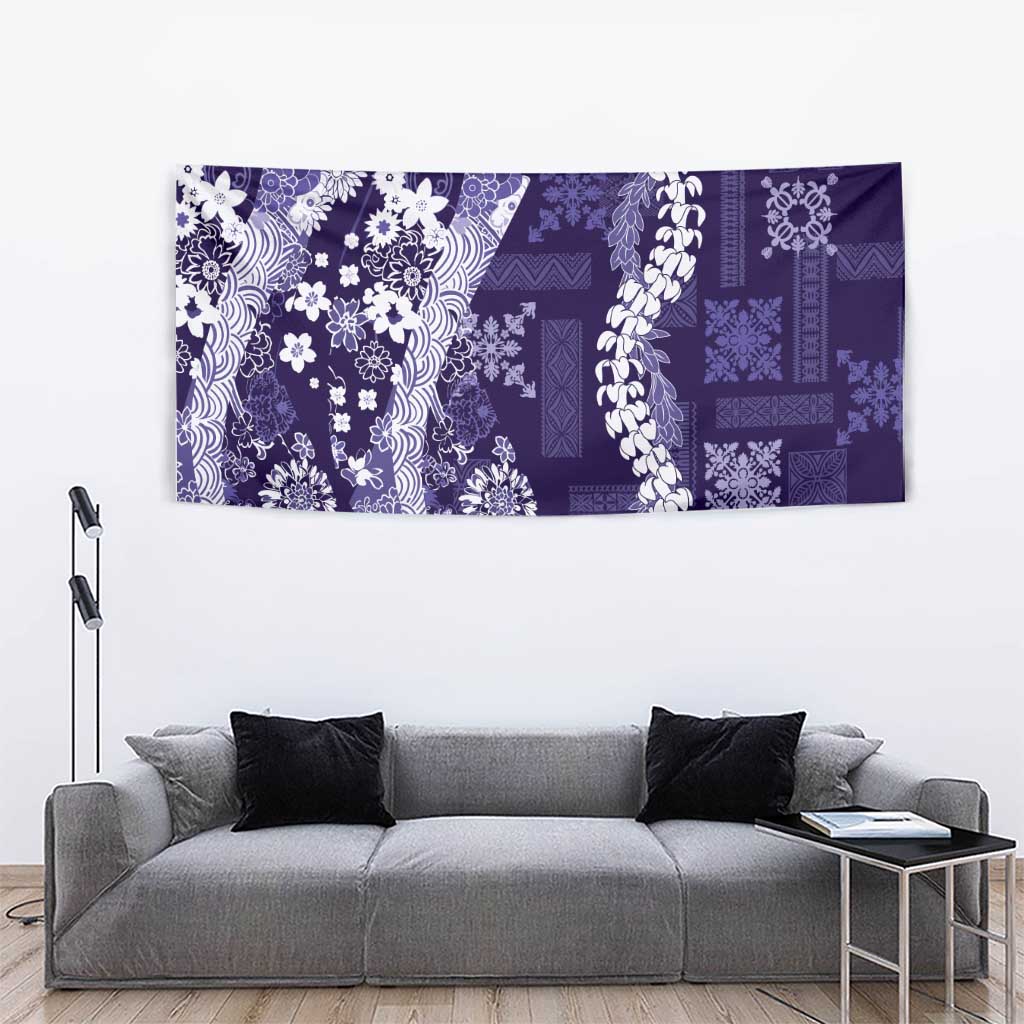Hawaii Puakenikeni and Maile Lei Tapestry Purple Japanese Wave Style - Polynesian Pride
