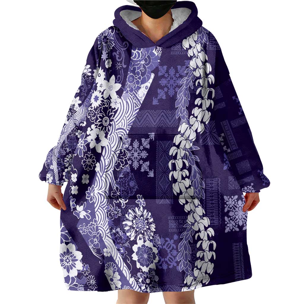 Hawaii Puakenikeni and Maile Lei Wearable Blanket Hoodie Purple Japanese Wave Style - Polynesian Pride