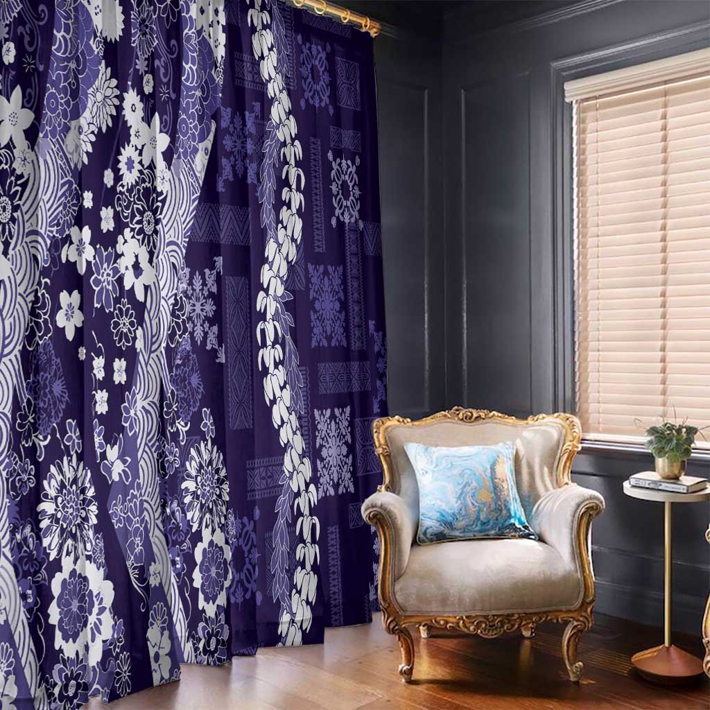 Hawaii Puakenikeni and Maile Lei Window Curtain Purple Japanese Wave Style - Polynesian Pride