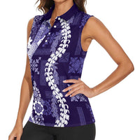 Hawaii Puakenikeni and Maile Lei Women Sleeveless Polo Shirt Purple Japanese Wave Style - Polynesian Pride