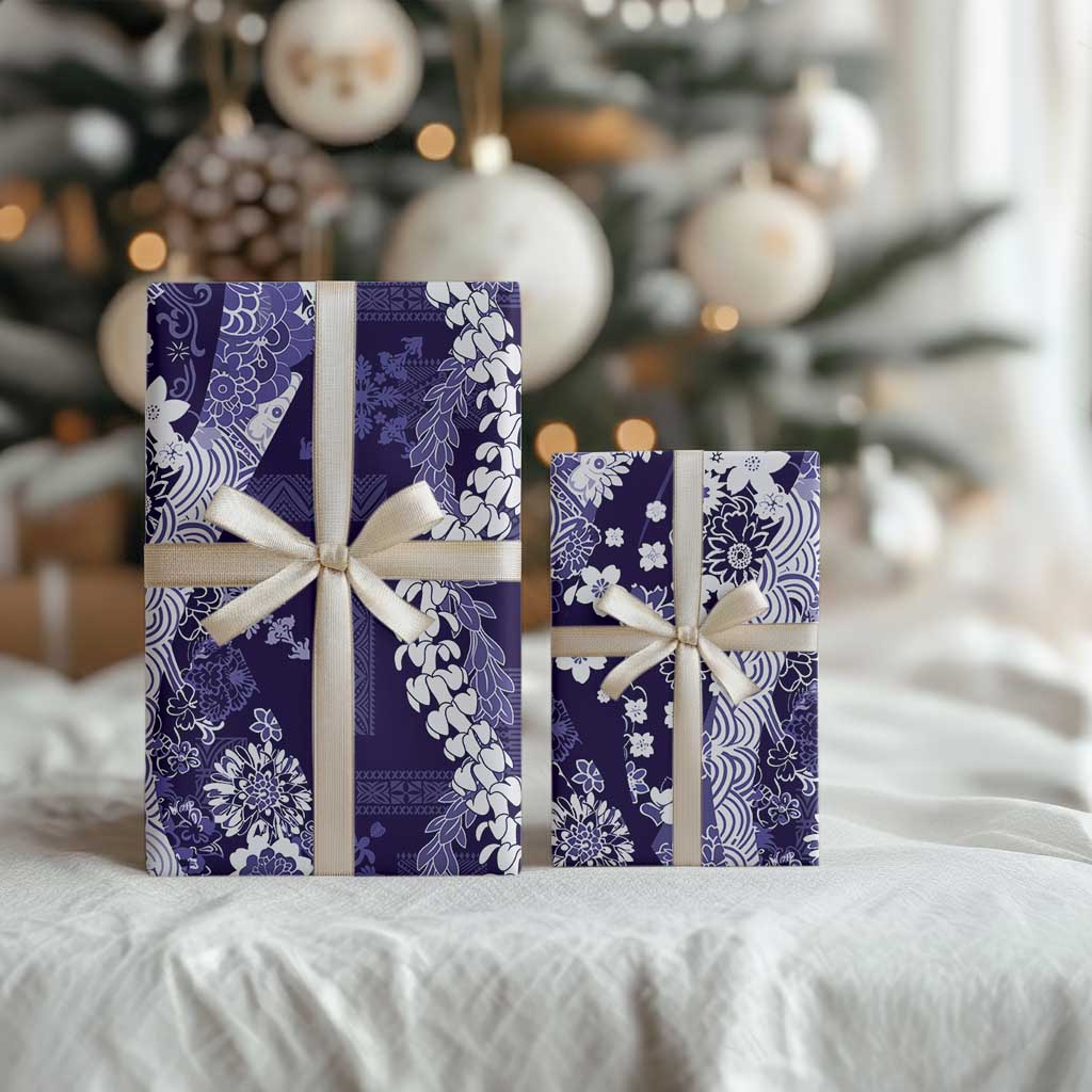 Hawaii Puakenikeni and Maile Lei Wrapping Paper Purple Japanese Wave Style - Polynesian Pride