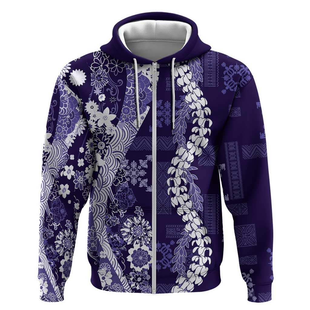 Hawaii Puakenikeni and Maile Lei Zip Hoodie Purple Japanese Wave Style LT9 Zip Hoodie Purple - Polynesian Pride