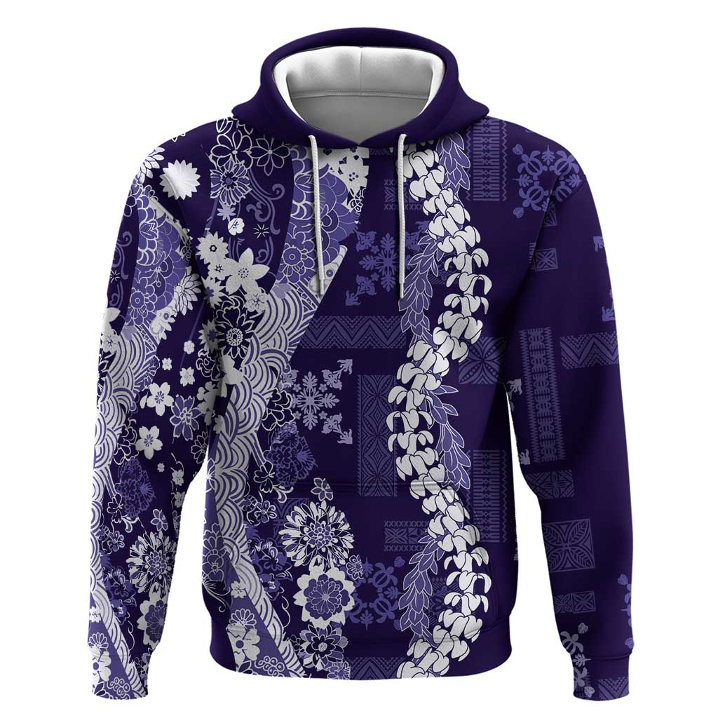 Hawaii Puakenikeni and Maile Lei Zip Hoodie Purple Japanese Wave Style - Polynesian Pride