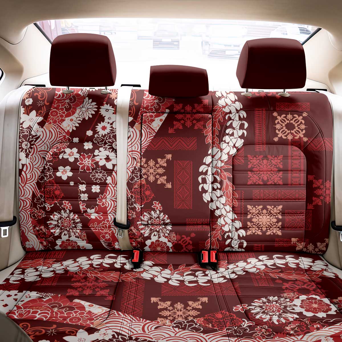 Hawaii Puakenikeni and Maile Lei Back Car Seat Cover Red Japanese Wave Style LT9 - Polynesian Pride