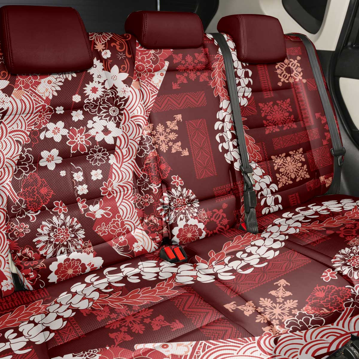 Hawaii Puakenikeni and Maile Lei Back Car Seat Cover Red Japanese Wave Style LT9 - Polynesian Pride