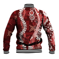 Hawaii Puakenikeni and Maile Lei Baseball Jacket Red Japanese Wave Style - Polynesian Pride