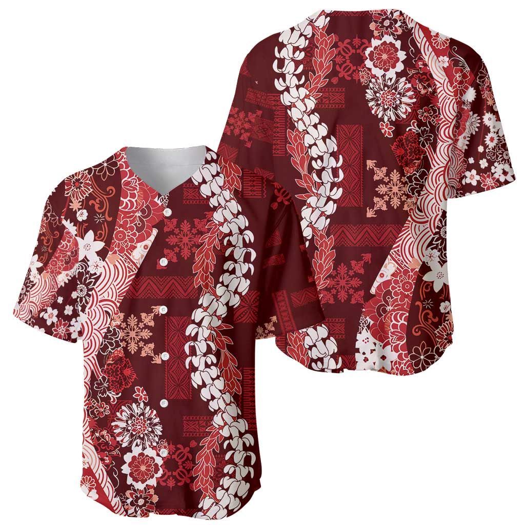 Hawaii Puakenikeni and Maile Lei Baseball Jersey Red Japanese Wave Style - Polynesian Pride