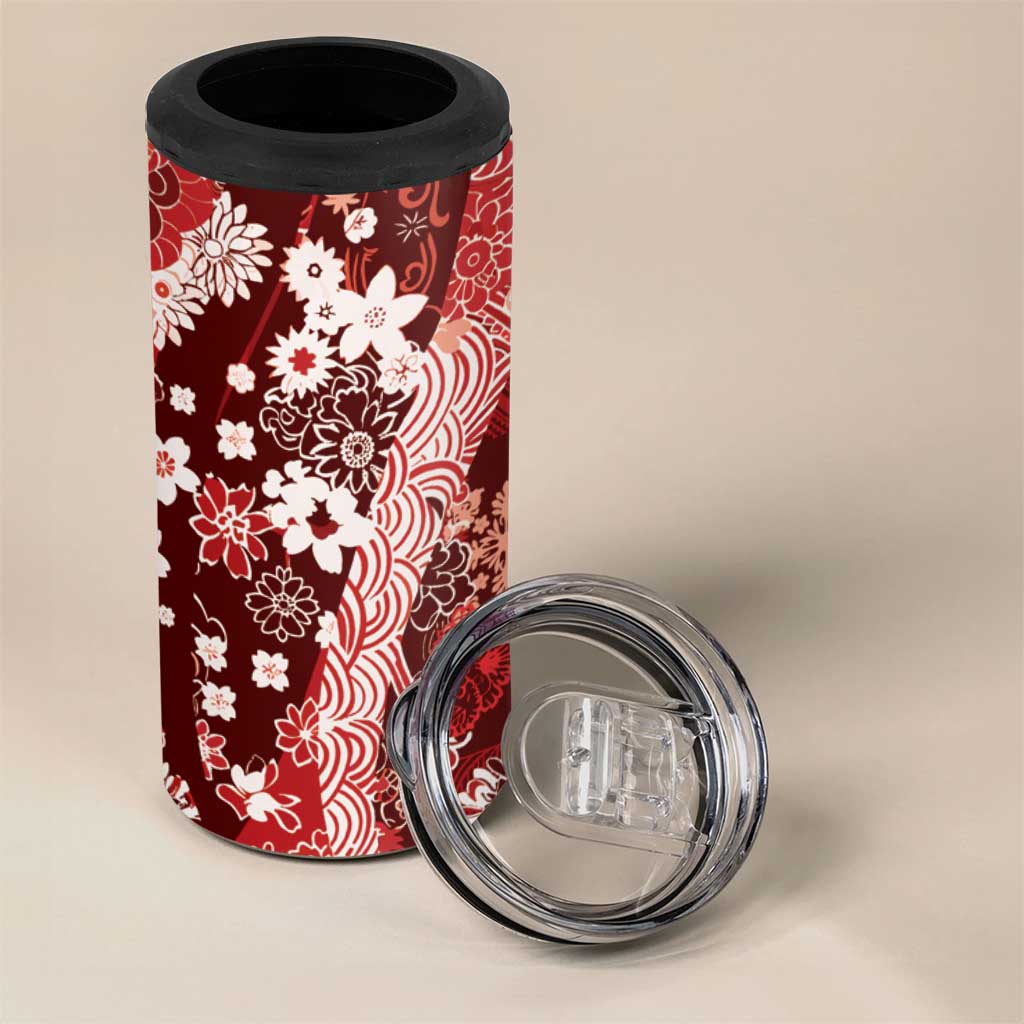 Hawaii Puakenikeni and Maile Lei 4 in 1 Can Cooler Tumbler Red Japanese Wave Style - Polynesian Pride