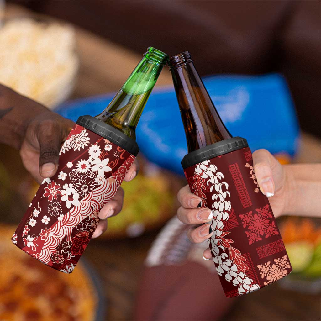 Hawaii Puakenikeni and Maile Lei 4 in 1 Can Cooler Tumbler Red Japanese Wave Style - Polynesian Pride