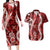 Hawaii Puakenikeni and Maile Lei Couples Matching Long Sleeve Bodycon Dress and Hawaiian Shirt Red Japanese Wave Style - Polynesian Pride