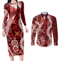 Hawaii Puakenikeni and Maile Lei Couples Matching Long Sleeve Bodycon Dress and Long Sleeve Button Shirt Red Japanese Wave Style - Polynesian Pride