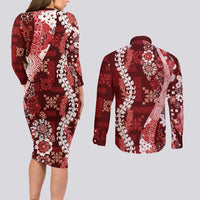 Hawaii Puakenikeni and Maile Lei Couples Matching Long Sleeve Bodycon Dress and Long Sleeve Button Shirt Red Japanese Wave Style - Polynesian Pride