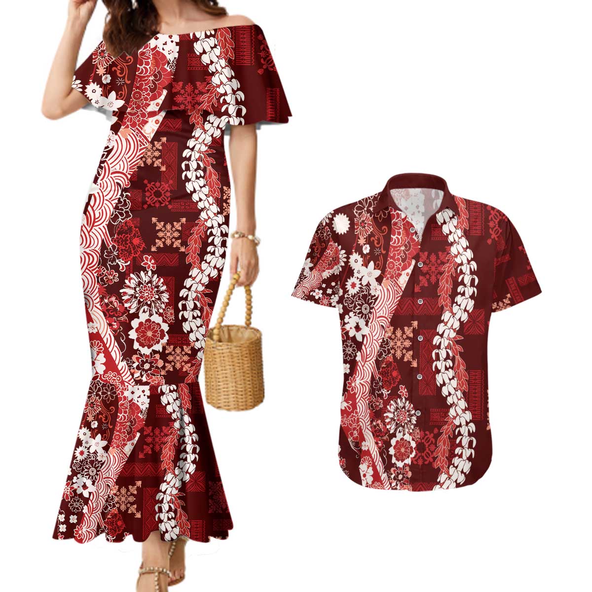 Hawaii Puakenikeni and Maile Lei Couples Matching Mermaid Dress and Hawaiian Shirt Red Japanese Wave Style - Polynesian Pride