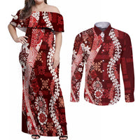 Hawaii Puakenikeni and Maile Lei Couples Matching Off Shoulder Maxi Dress and Long Sleeve Button Shirt Red Japanese Wave Style - Polynesian Pride
