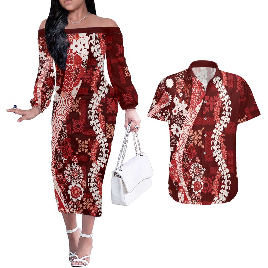 Hawaii Puakenikeni and Maile Lei Couples Matching Off The Shoulder Long Sleeve Dress and Hawaiian Shirt Red Japanese Wave Style - Polynesian Pride
