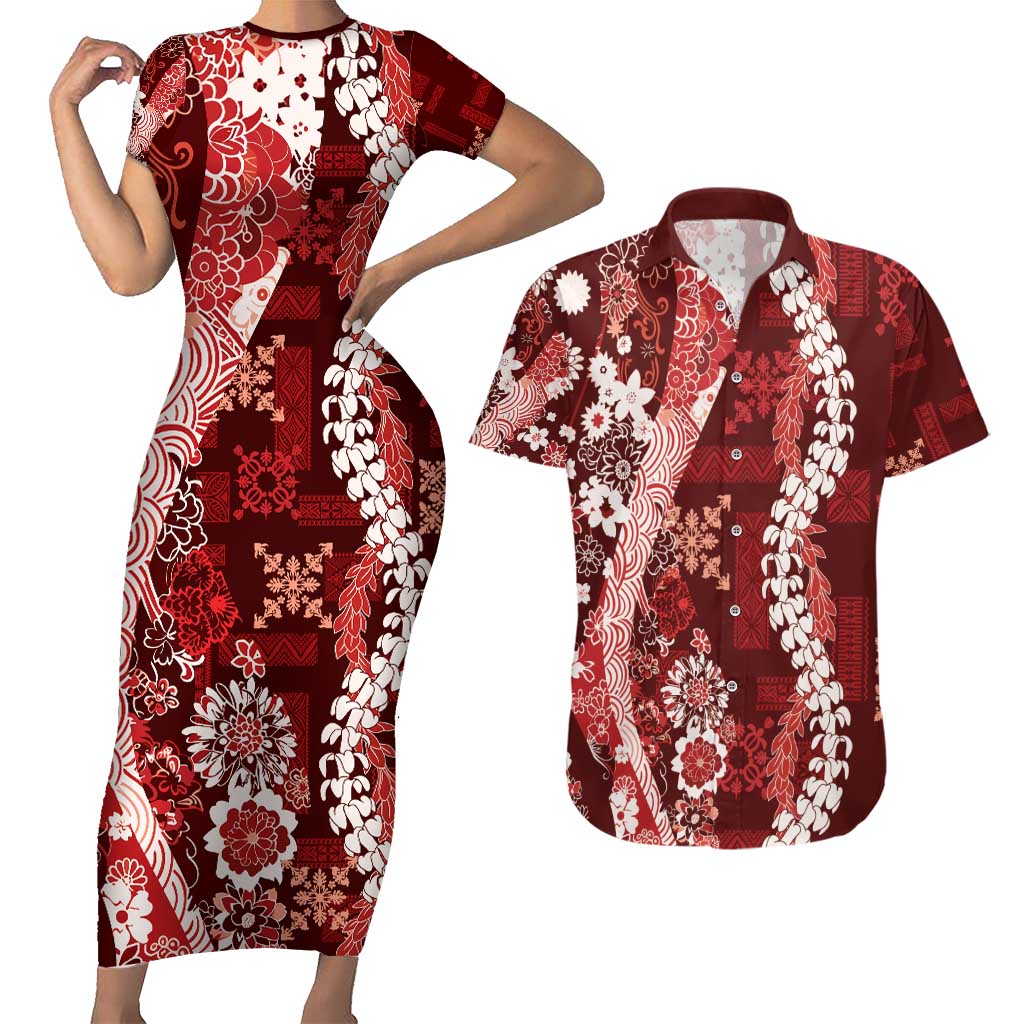 Hawaii Puakenikeni and Maile Lei Couples Matching Short Sleeve Bodycon Dress and Hawaiian Shirt Red Japanese Wave Style - Polynesian Pride