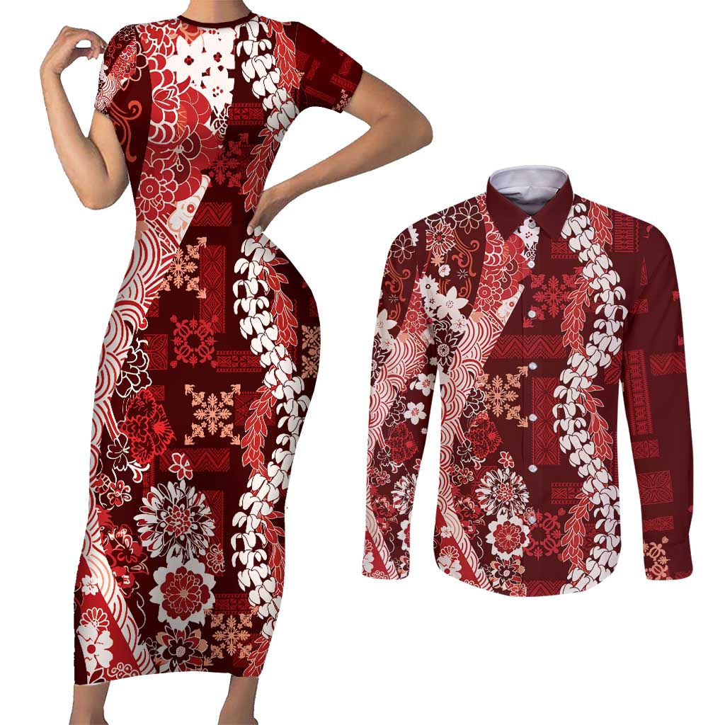 Hawaii Puakenikeni and Maile Lei Couples Matching Short Sleeve Bodycon Dress and Long Sleeve Button Shirt Red Japanese Wave Style - Polynesian Pride