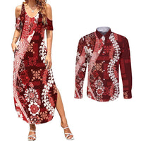 Hawaii Puakenikeni and Maile Lei Couples Matching Summer Maxi Dress and Long Sleeve Button Shirt Red Japanese Wave Style - Polynesian Pride