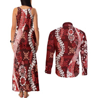 Hawaii Puakenikeni and Maile Lei Couples Matching Tank Maxi Dress and Long Sleeve Button Shirt Red Japanese Wave Style - Polynesian Pride