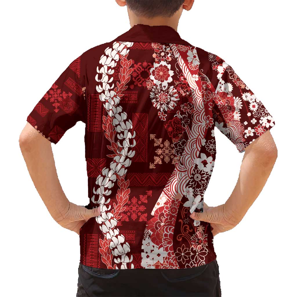 Hawaii Puakenikeni and Maile Lei Family Matching Long Sleeve Bodycon Dress and Hawaiian Shirt Red Japanese Wave Style LT9 - Polynesian Pride