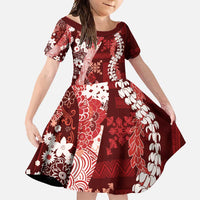 Hawaii Puakenikeni and Maile Lei Family Matching Long Sleeve Bodycon Dress and Hawaiian Shirt Red Japanese Wave Style LT9 Daughter's Dress Red - Polynesian Pride