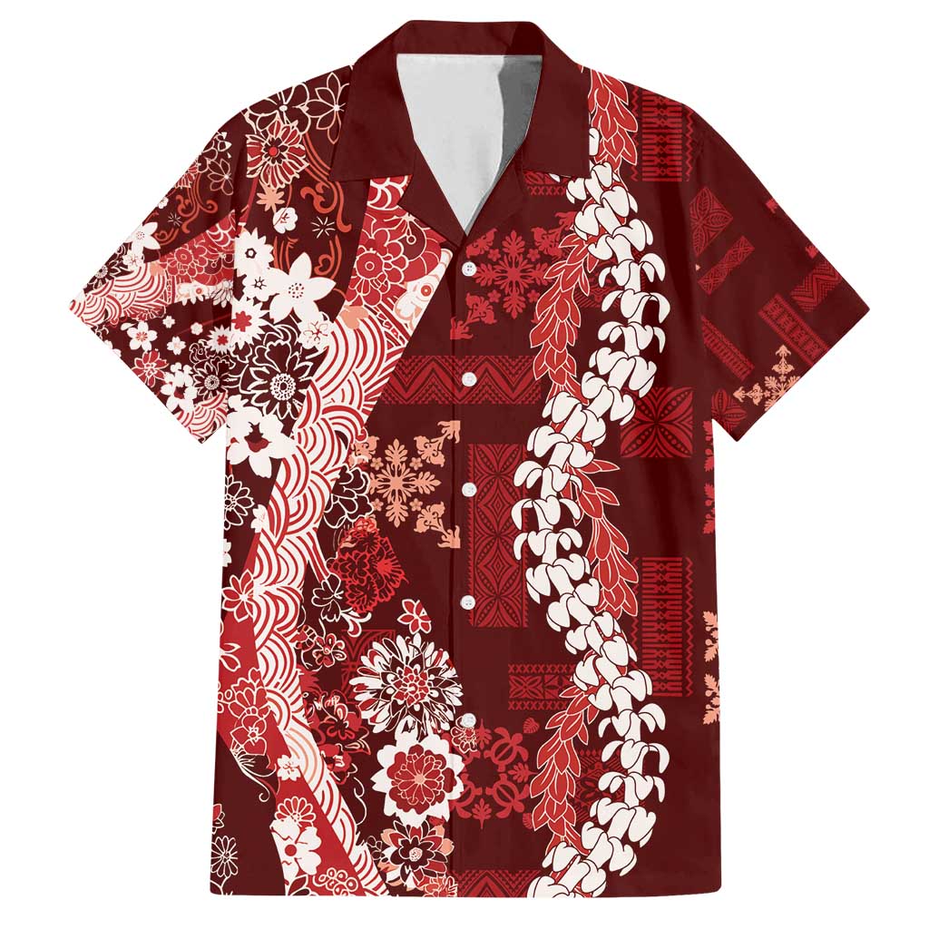 Hawaii Puakenikeni and Maile Lei Family Matching Long Sleeve Bodycon Dress and Hawaiian Shirt Red Japanese Wave Style LT9 Dad's Shirt - Short Sleeve Red - Polynesian Pride