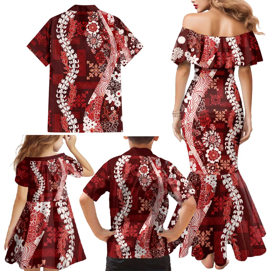 Hawaii Puakenikeni and Maile Lei Family Matching Mermaid Dress and Hawaiian Shirt Red Japanese Wave Style - Polynesian Pride