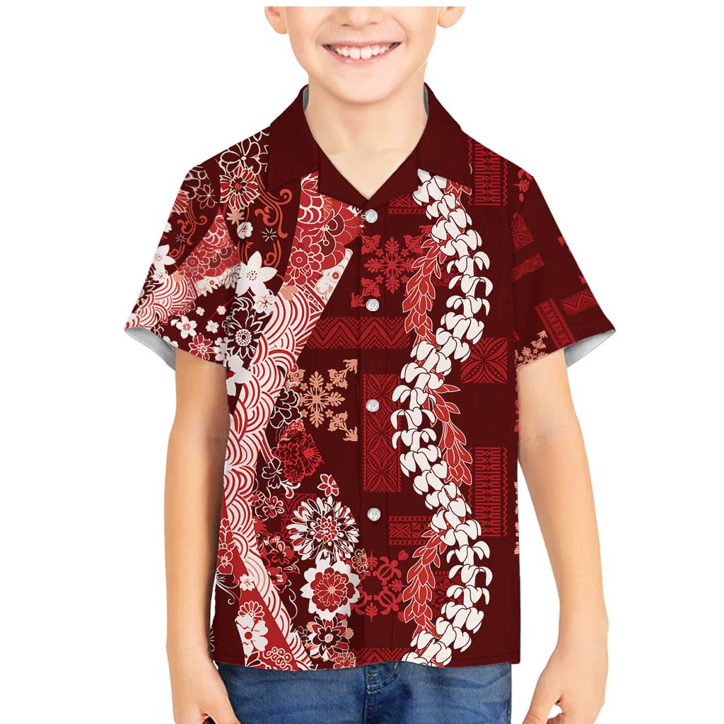 Hawaii Puakenikeni and Maile Lei Family Matching Mermaid Dress and Hawaiian Shirt Red Japanese Wave Style - Polynesian Pride