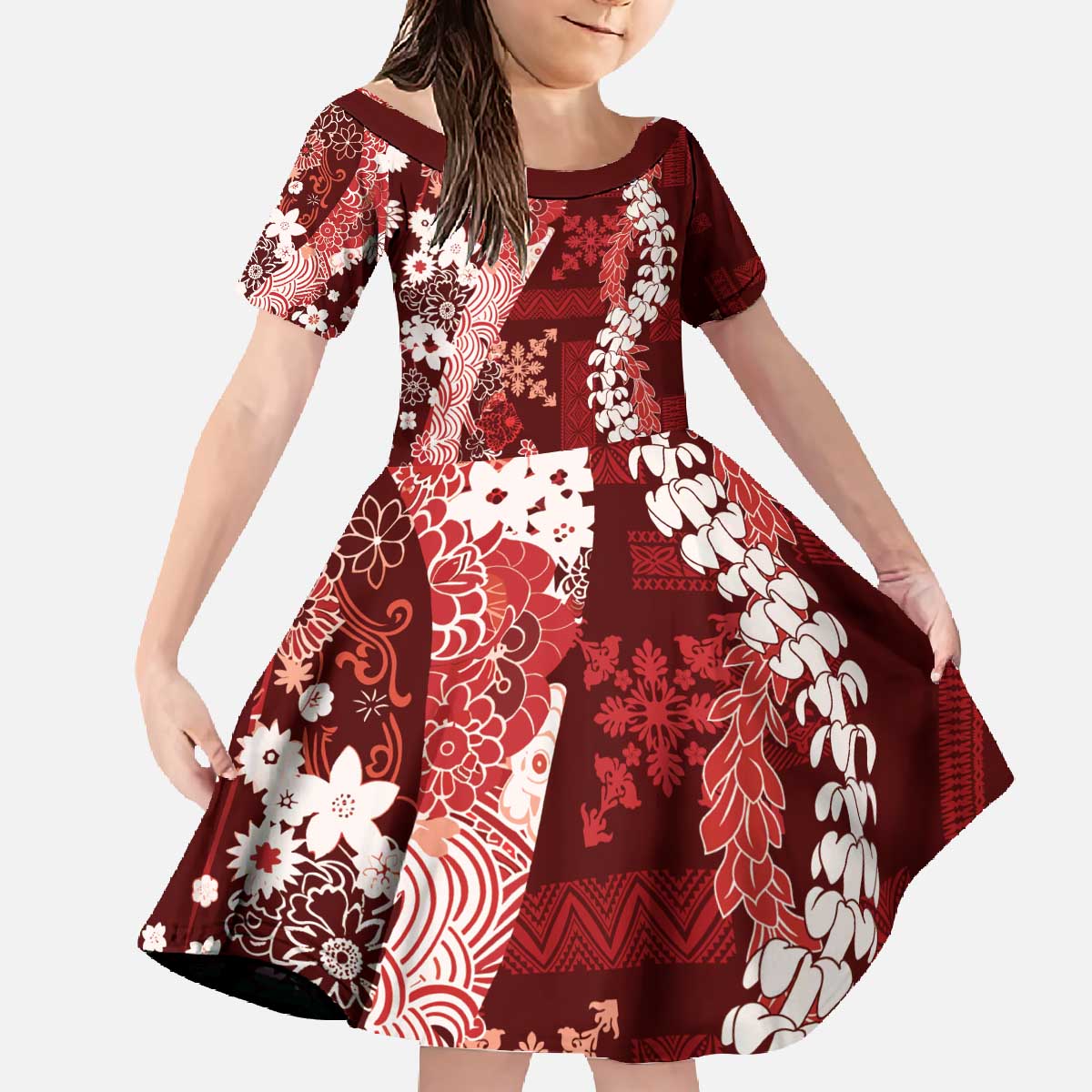 Hawaii Puakenikeni and Maile Lei Family Matching Off The Shoulder Long Sleeve Dress and Hawaiian Shirt Red Japanese Wave Style - Polynesian Pride