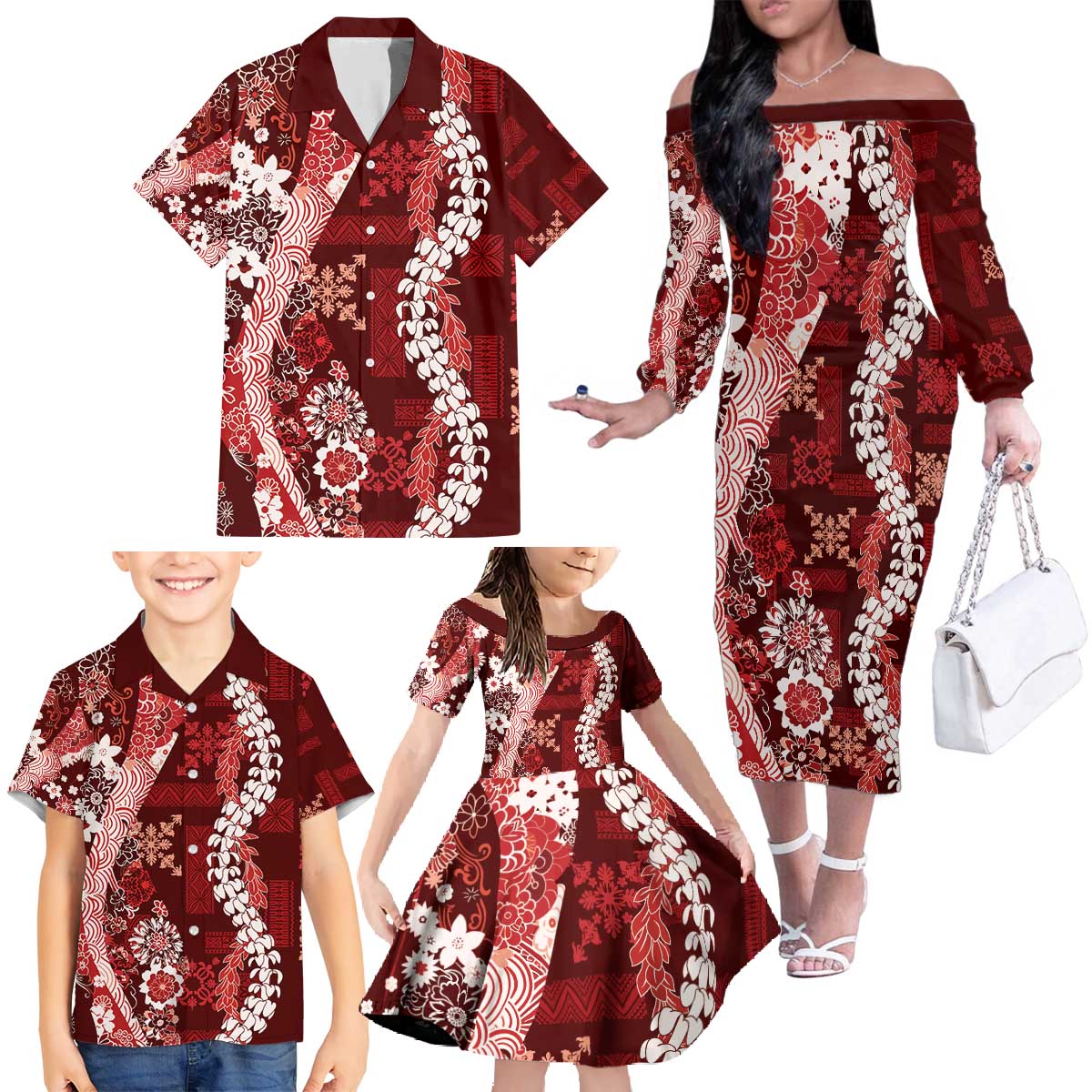 Hawaii Puakenikeni and Maile Lei Family Matching Off The Shoulder Long Sleeve Dress and Hawaiian Shirt Red Japanese Wave Style - Polynesian Pride