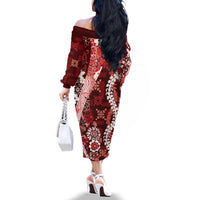 Hawaii Puakenikeni and Maile Lei Family Matching Off The Shoulder Long Sleeve Dress and Hawaiian Shirt Red Japanese Wave Style - Polynesian Pride