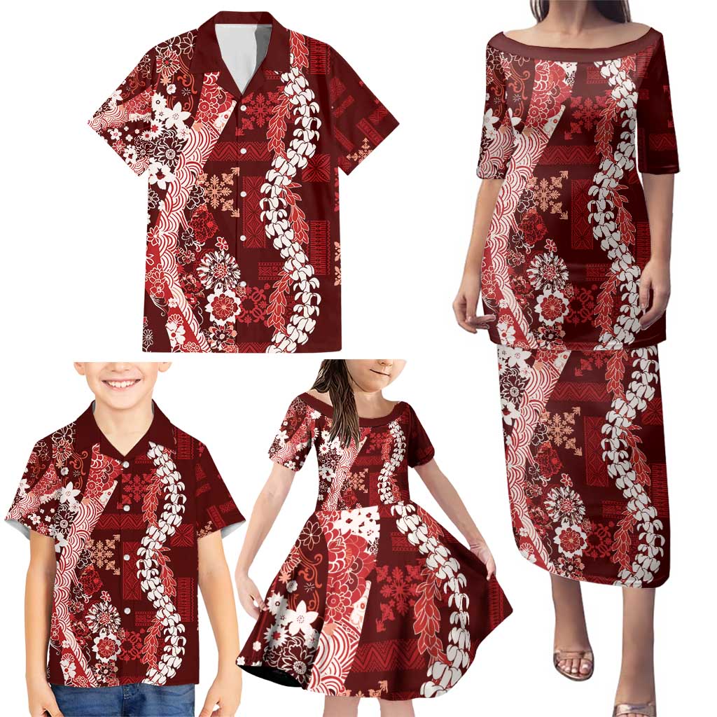 Hawaii Puakenikeni and Maile Lei Family Matching Puletasi and Hawaiian Shirt Red Japanese Wave Style - Polynesian Pride