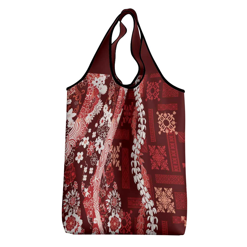 Hawaii Puakenikeni and Maile Lei Grocery Bag Red Japanese Wave Style - Polynesian Pride