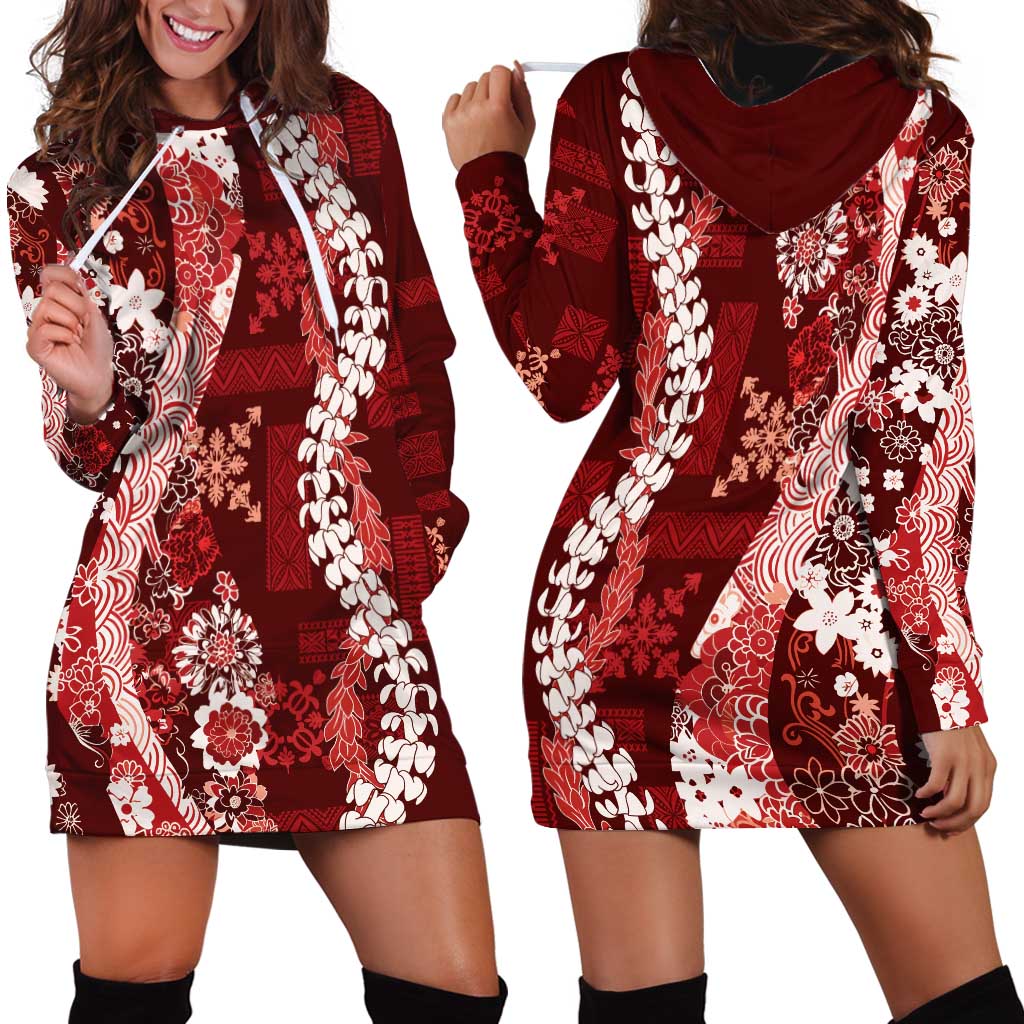 Hawaii Puakenikeni and Maile Lei Hoodie Dress Red Japanese Wave Style - Polynesian Pride