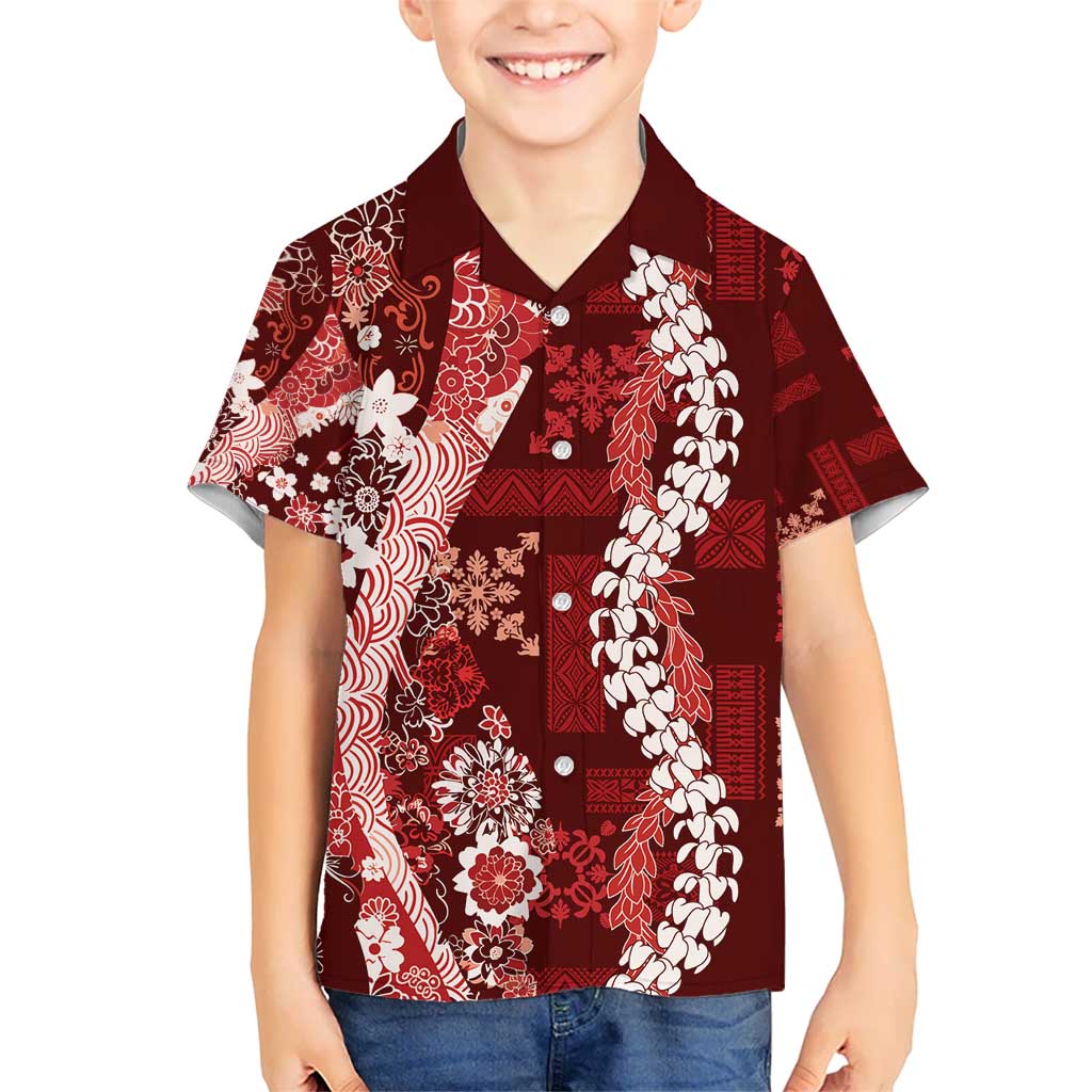 Hawaii Puakenikeni and Maile Lei Kid Hawaiian Shirt Red Japanese Wave Style - Polynesian Pride