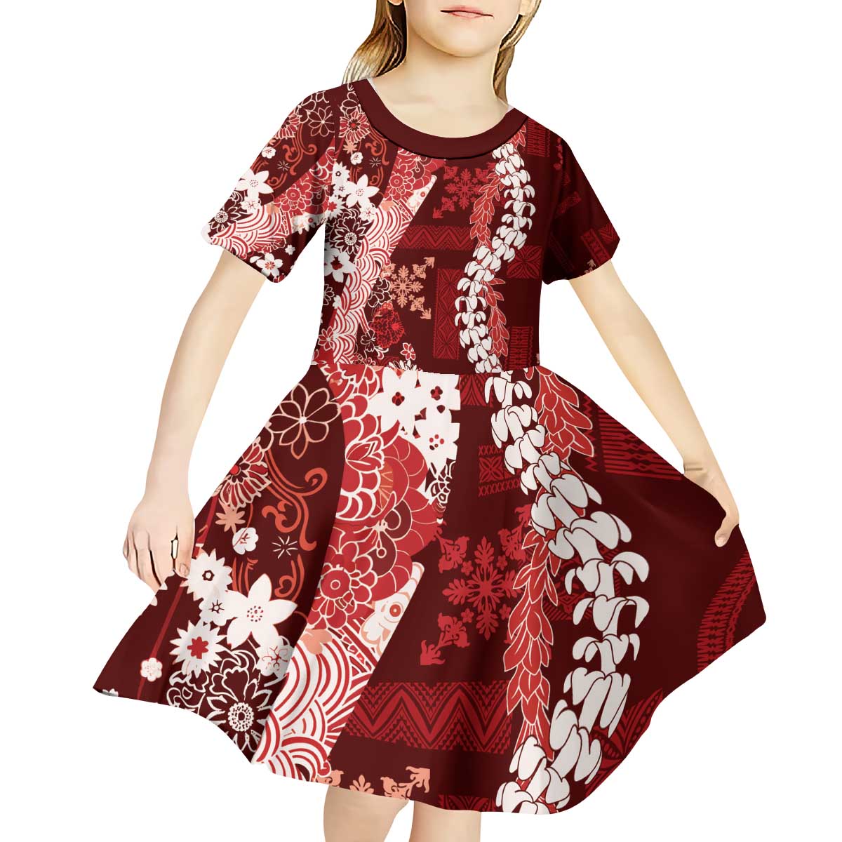 Hawaii Puakenikeni and Maile Lei Kid Short Sleeve Dress Red Japanese Wave Style - Polynesian Pride
