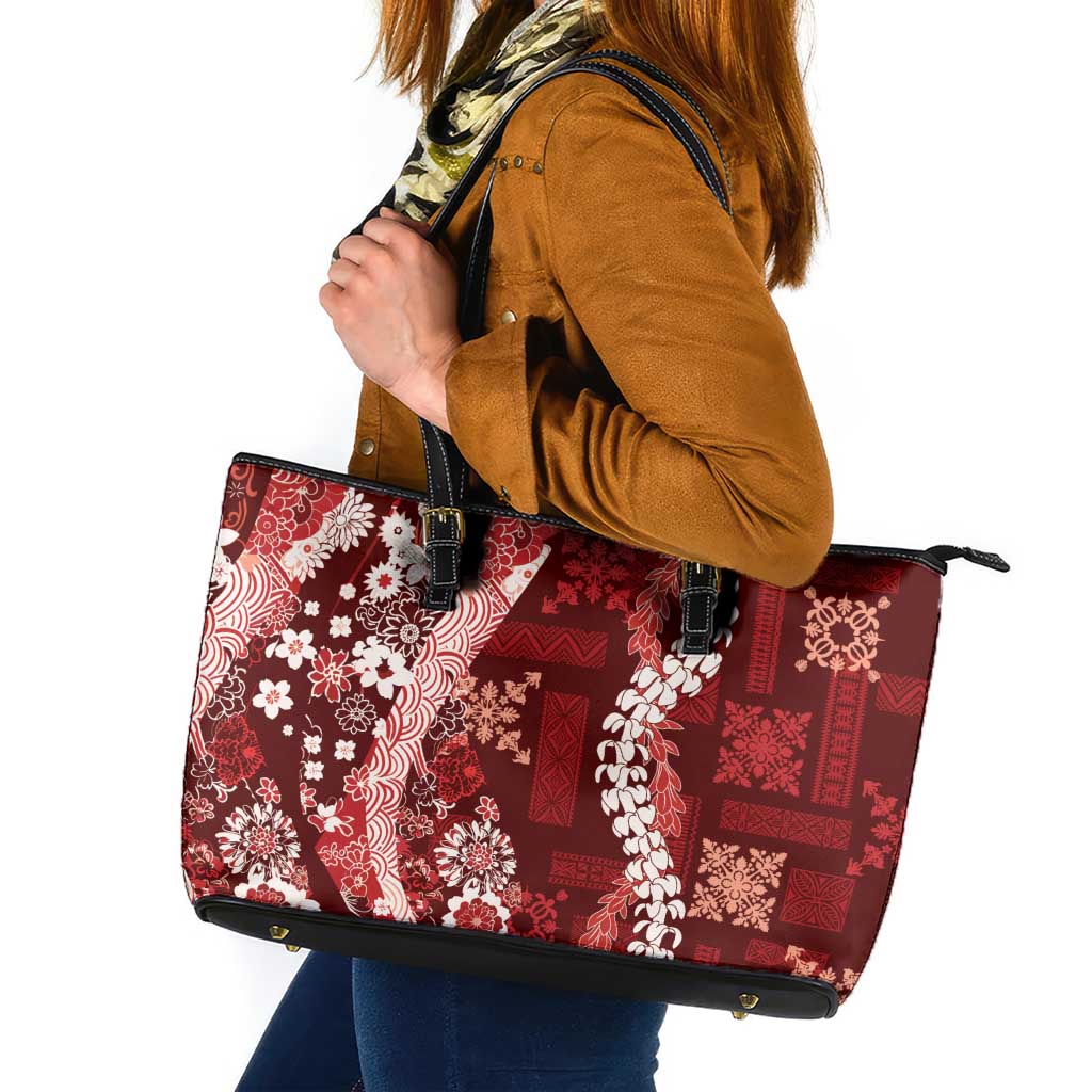 Hawaii Puakenikeni and Maile Lei Leather Tote Bag Red Japanese Wave Style LT9 Red - Polynesian Pride