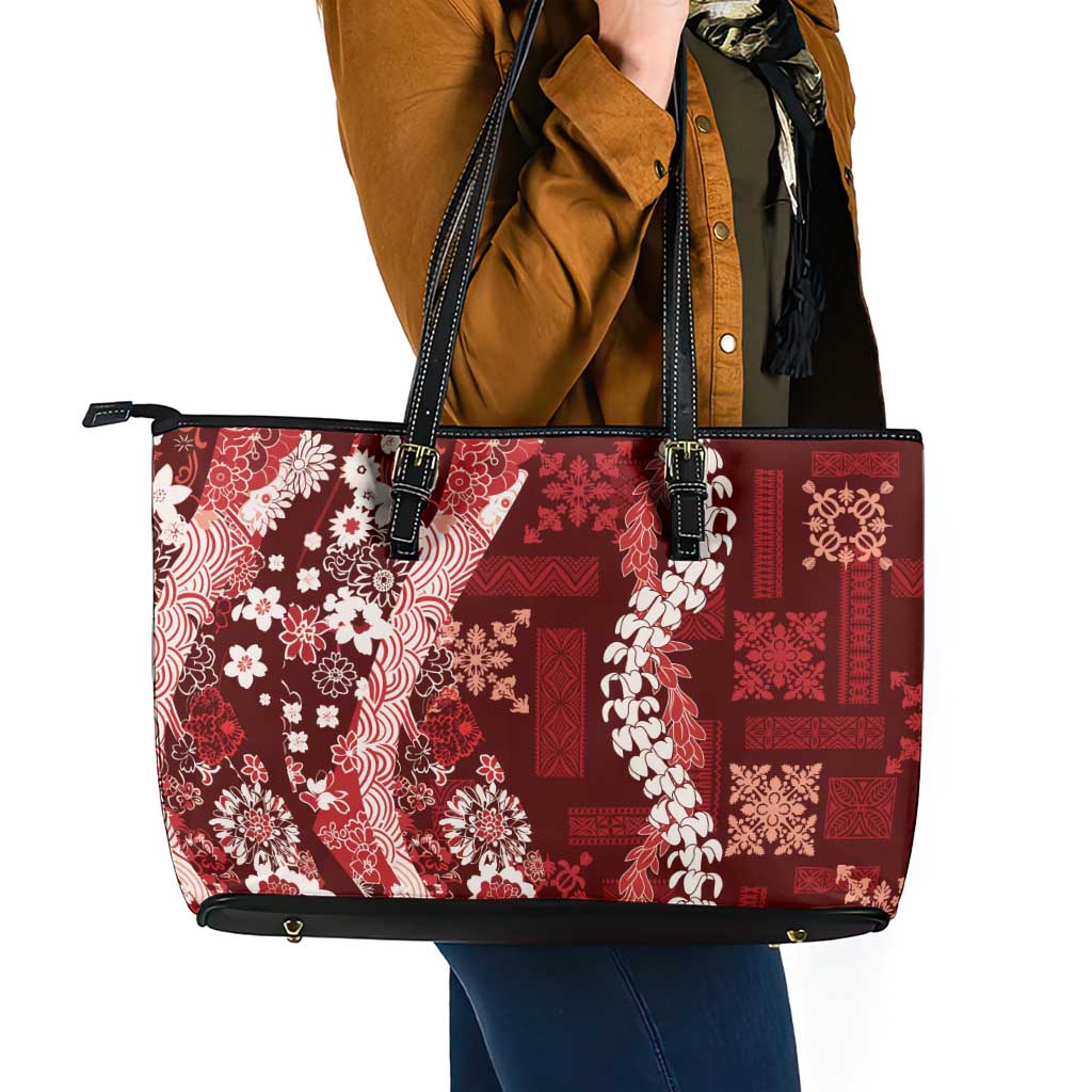 Hawaii Puakenikeni and Maile Lei Leather Tote Bag Red Japanese Wave Style LT9 - Polynesian Pride