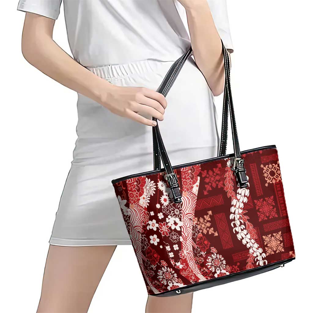 Hawaii Puakenikeni and Maile Lei Leather Tote Bag Red Japanese Wave Style LT9 - Polynesian Pride