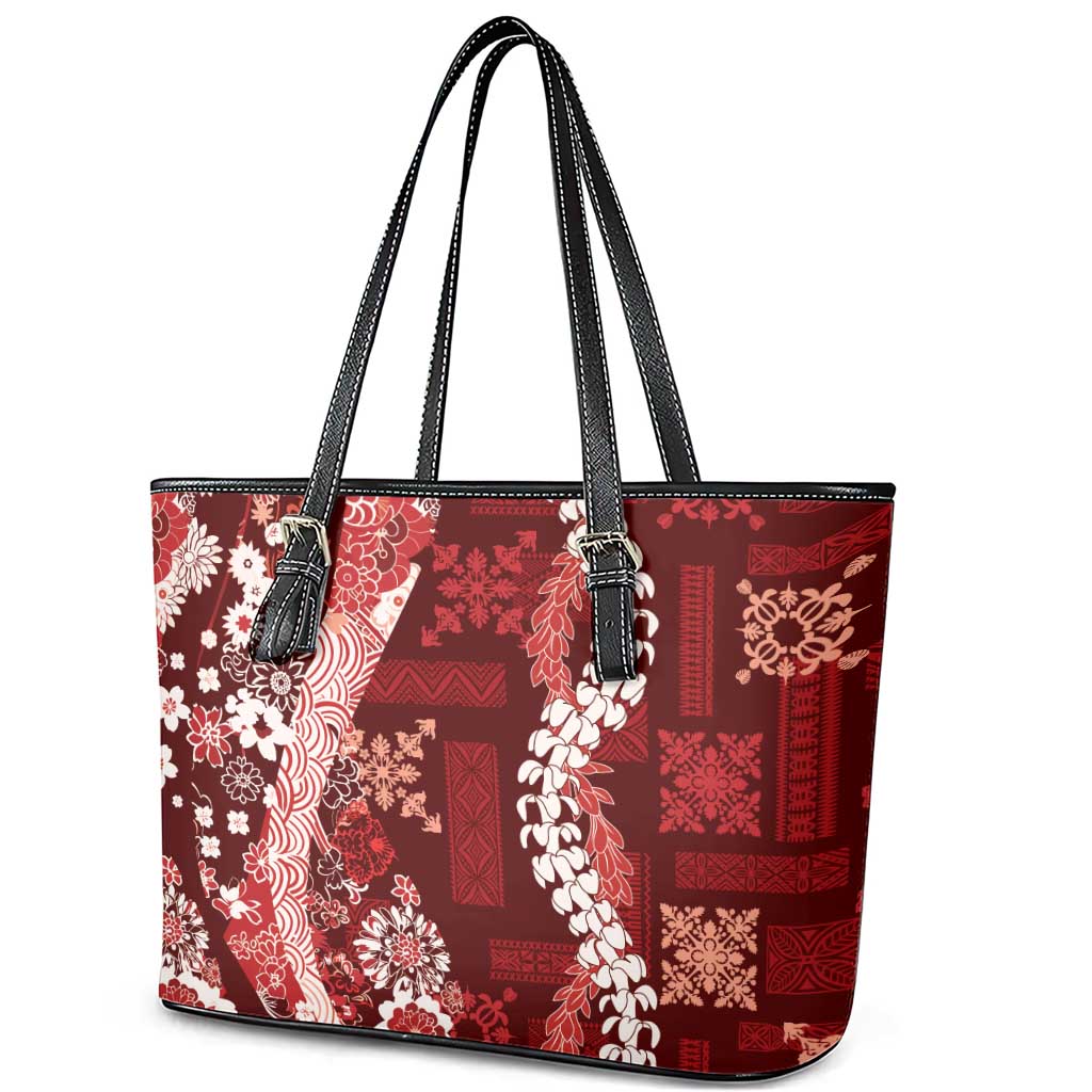 Hawaii Puakenikeni and Maile Lei Leather Tote Bag Red Japanese Wave Style LT9 - Polynesian Pride