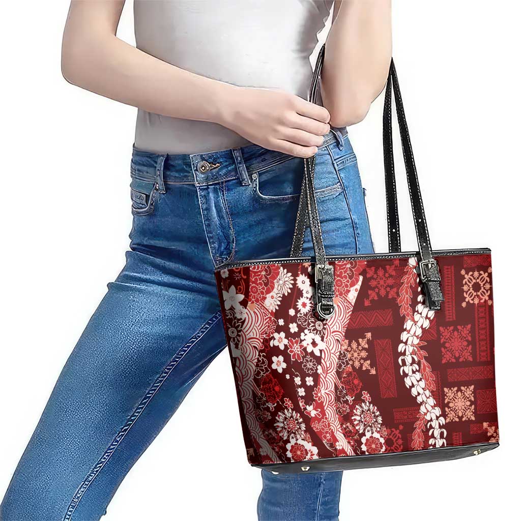 Hawaii Puakenikeni and Maile Lei Leather Tote Bag Red Japanese Wave Style LT9 - Polynesian Pride