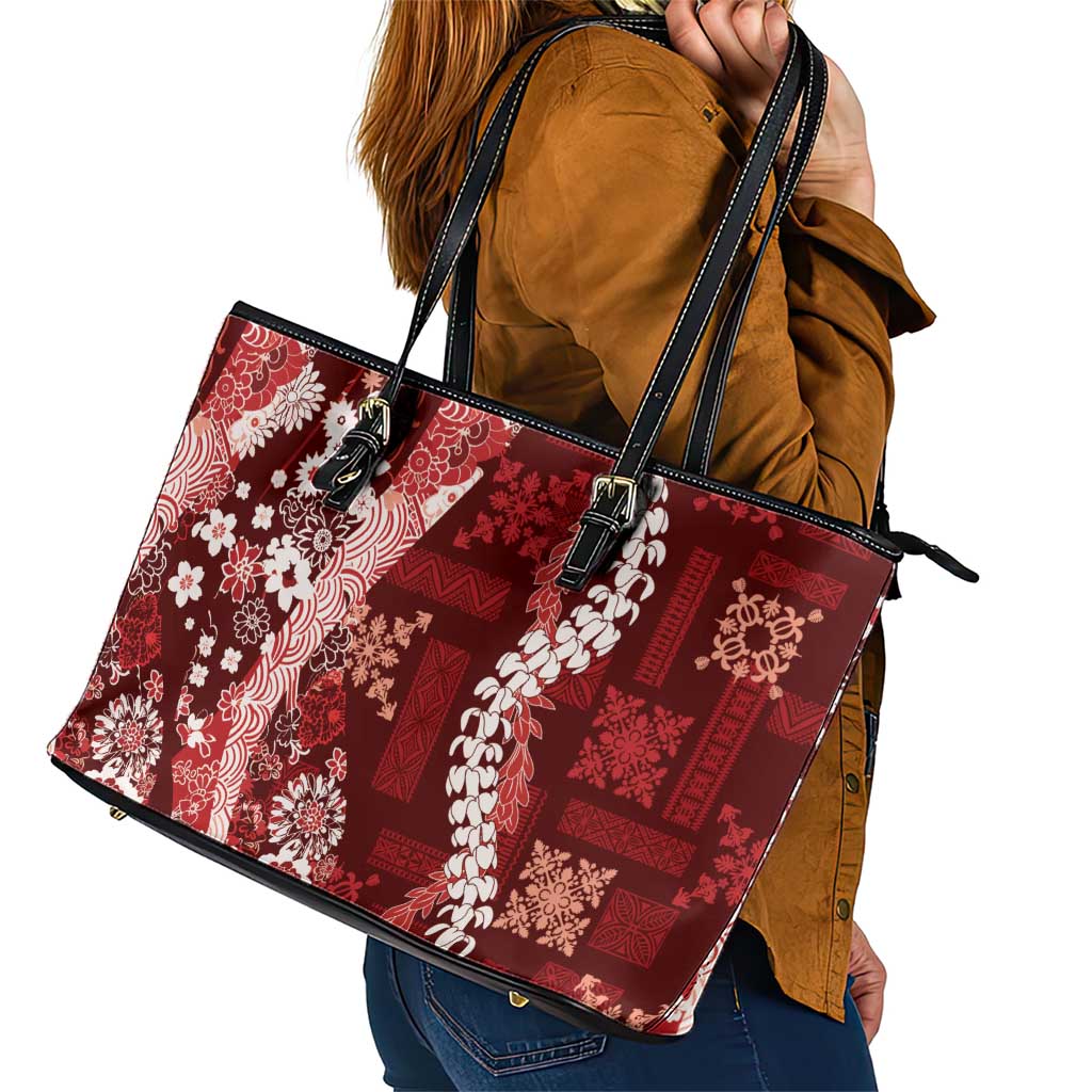 Hawaii Puakenikeni and Maile Lei Leather Tote Bag Red Japanese Wave Style LT9 - Polynesian Pride
