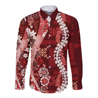 Hawaii Puakenikeni and Maile Lei Long Sleeve Button Shirt Red Japanese Wave Style - Polynesian Pride